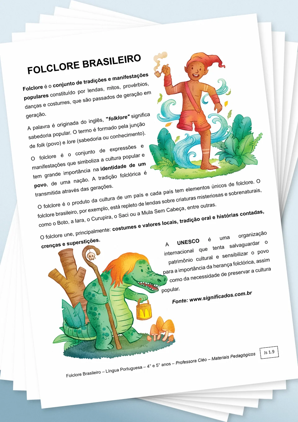 Página interna de leitura e compreensão sobre o Folclore