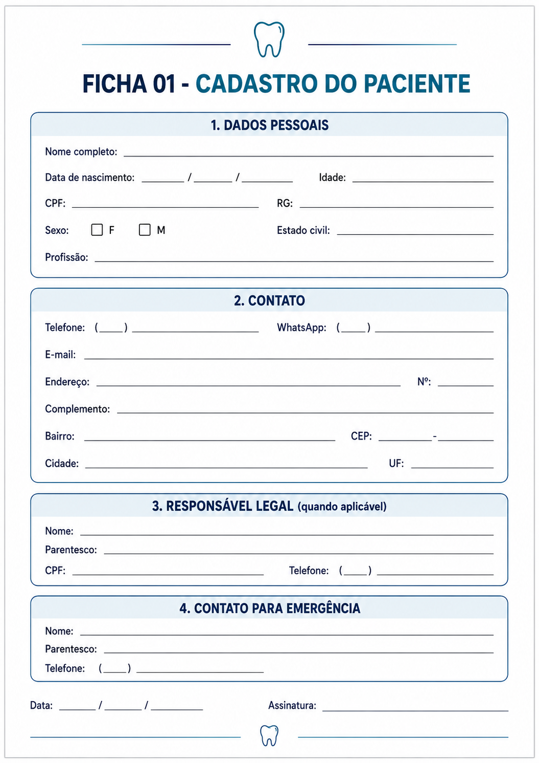 Ficha odontológica em formato de impressão