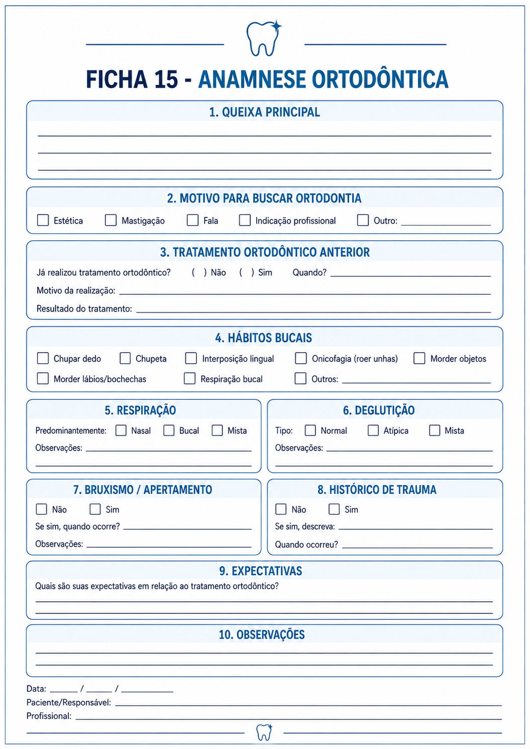 Amostra de ficha para atendimento odontológico